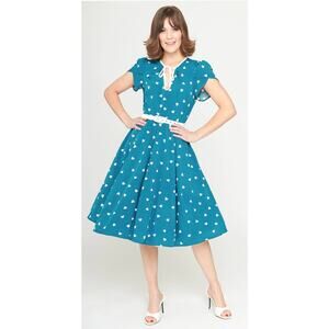 Unique Vintage Teal Midi Dress with White Accents